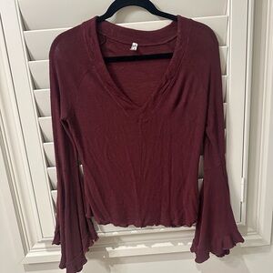 Free People Burgundy V-Neck Bell Sleeve Blouse